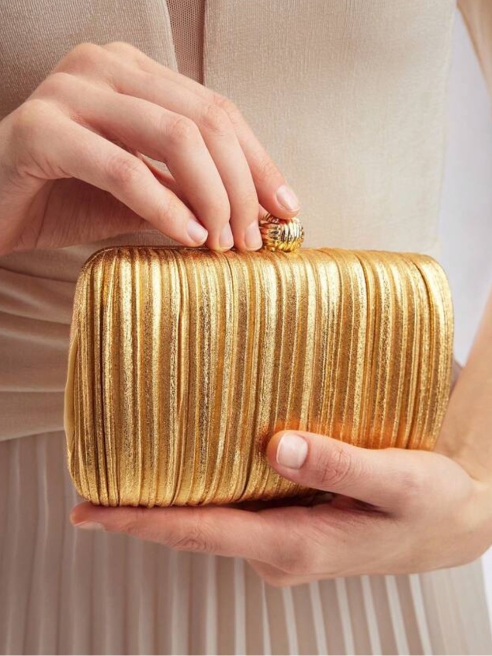 Gold Metallic Pleated Evening Clutch